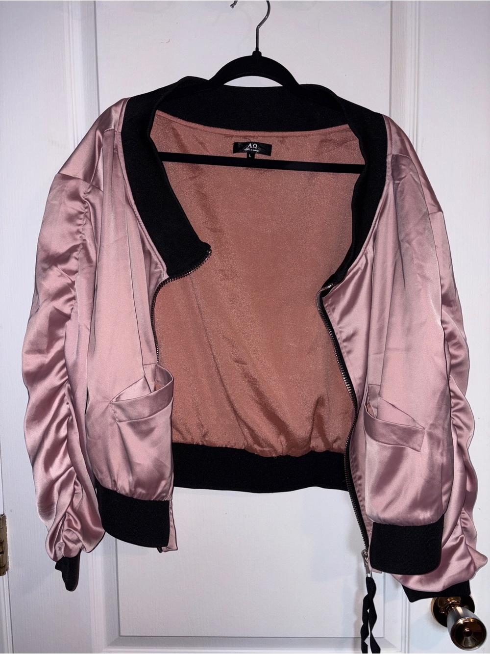AG Pink Satin Bomber Jacket with Black Trim